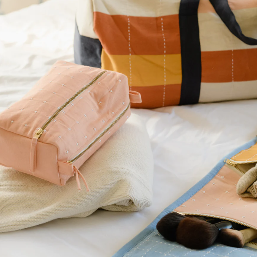 Medium Toiletry Bag | Blush Pink Cross-Stitch