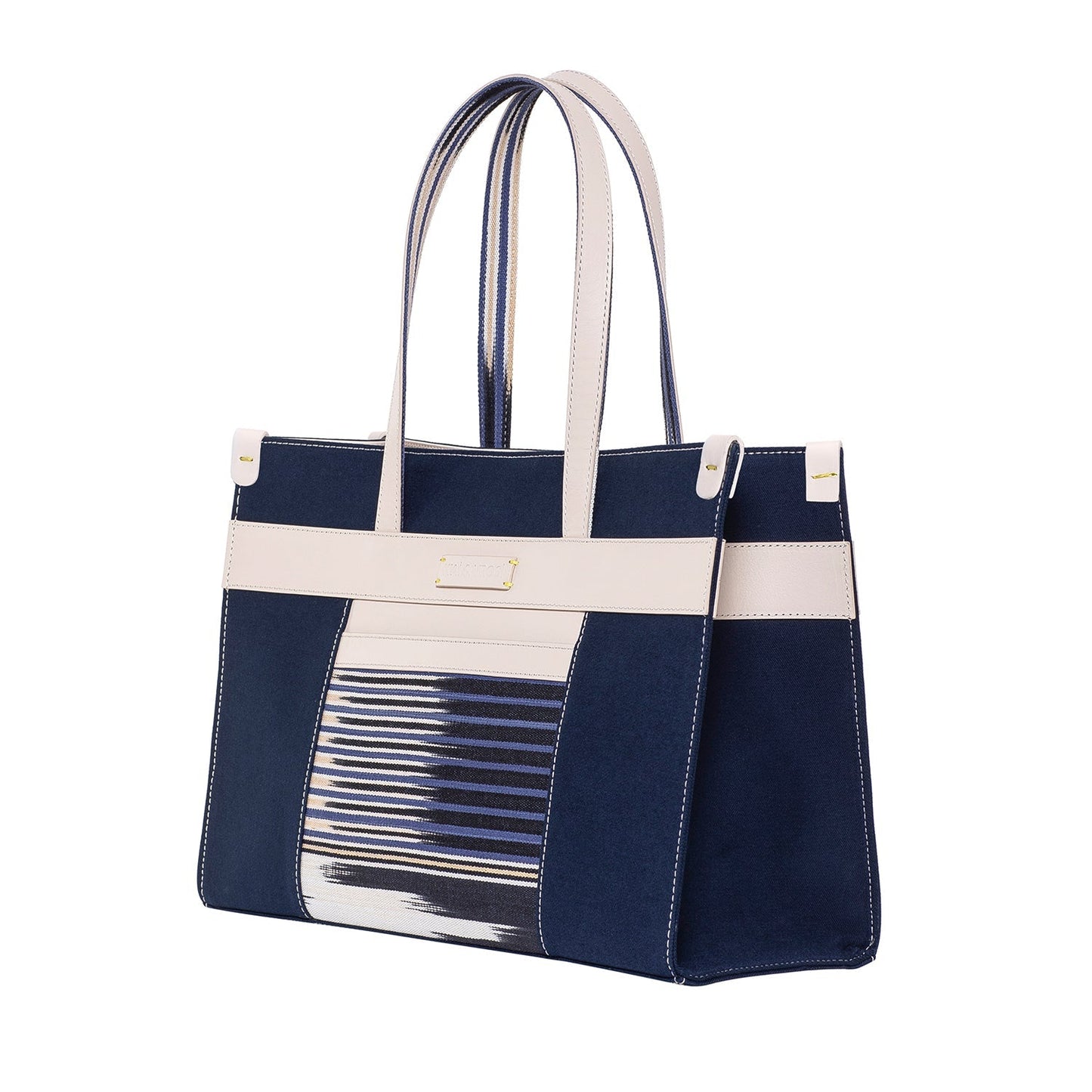 Navy Leather & Canvas Tote Bag with Pockets