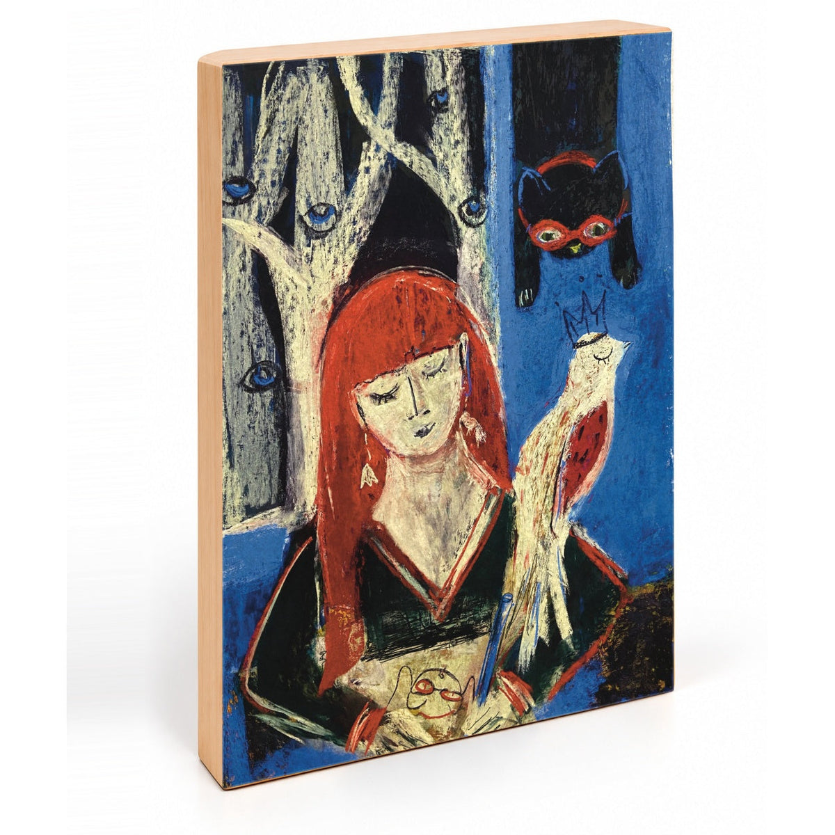 Night Time Art: Red-Haired Girl with a Cat and a Bird, Pastel Art Print on Board