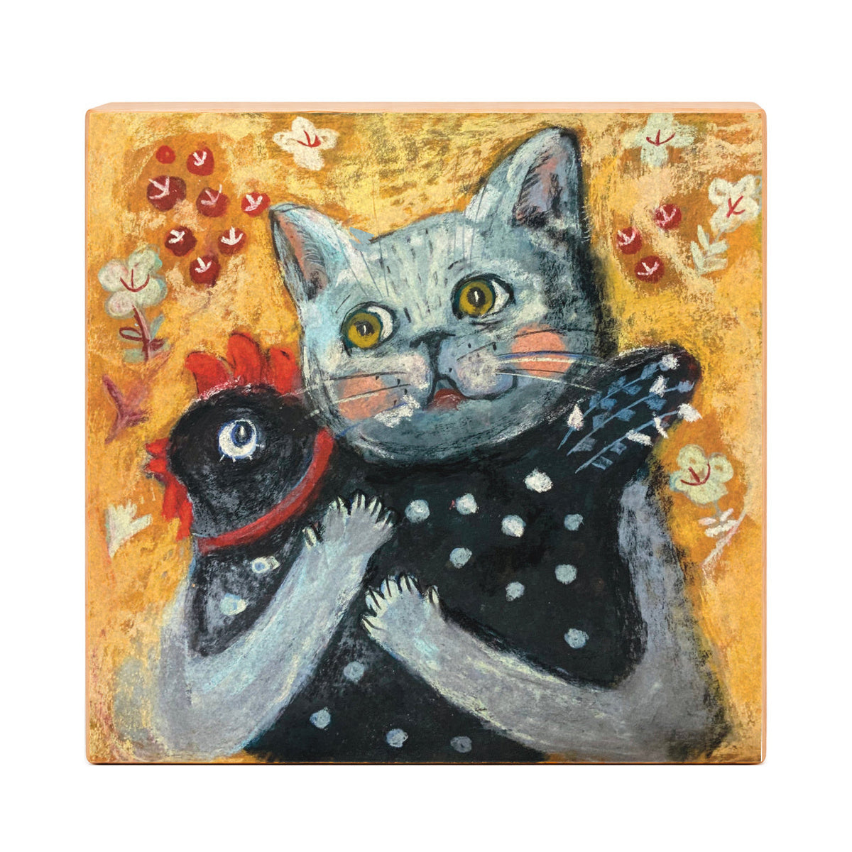 Echoes of Innocence: Cat Hugging a Chicken, Whimsical Pastel Art Print on Board