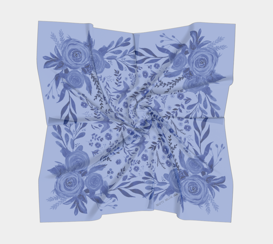 100% Silk Scarf: Zephyr - Blue Floral Bird Pattern