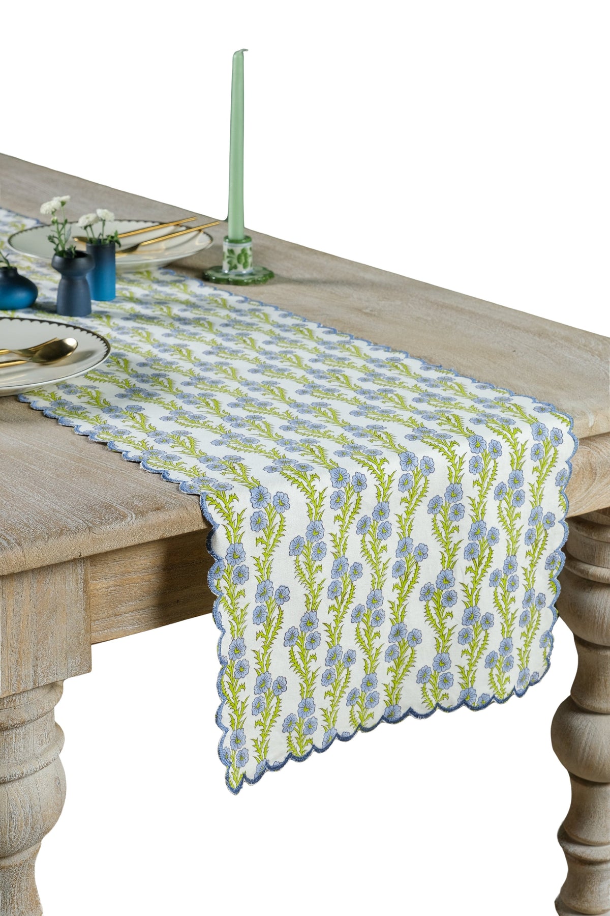 Forget-Me-Not Scallop Embroidered Blockprint Table Runner