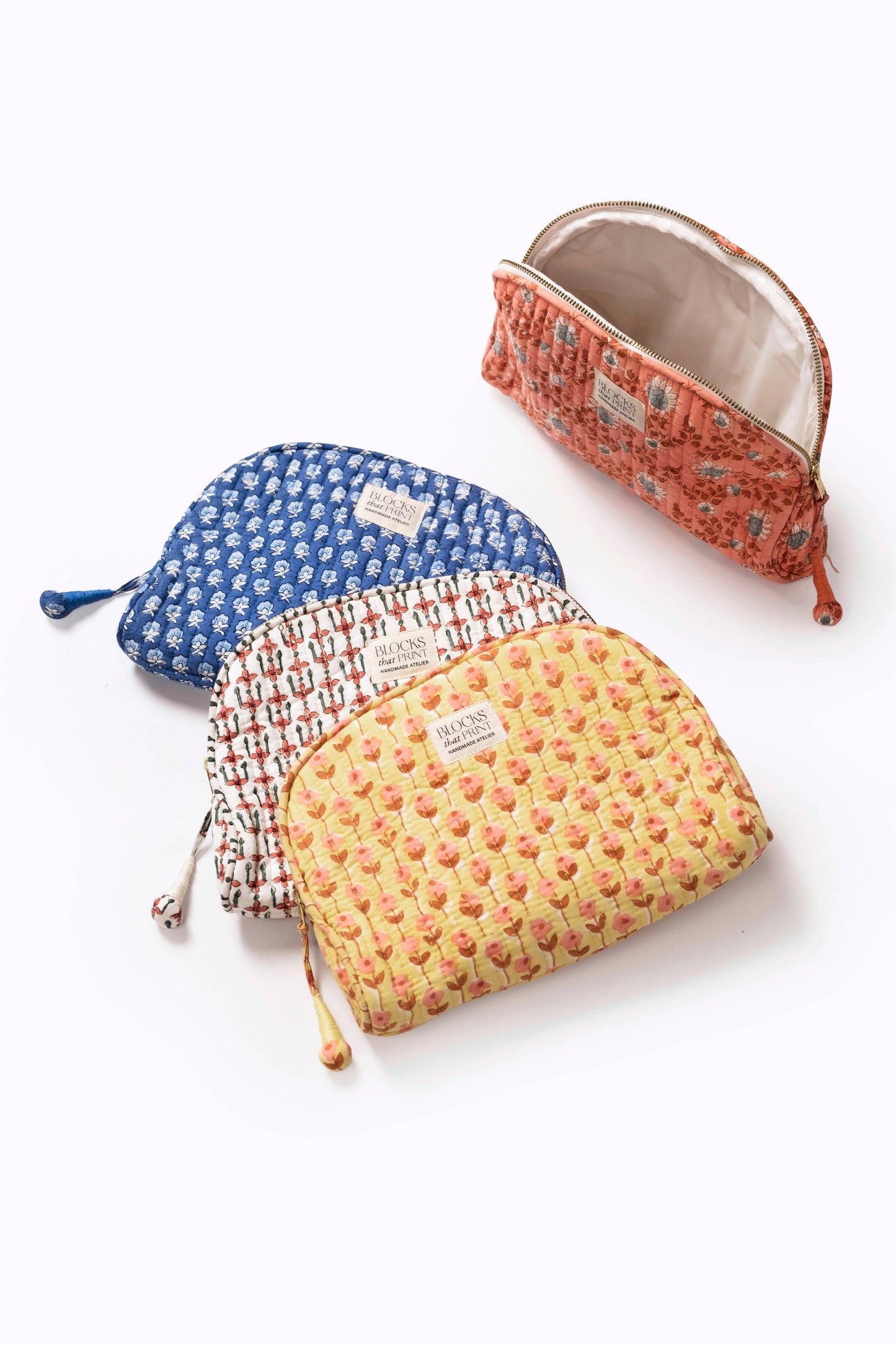 Medium Block Print Quilted Travel Pouch - Crimson Mosaic