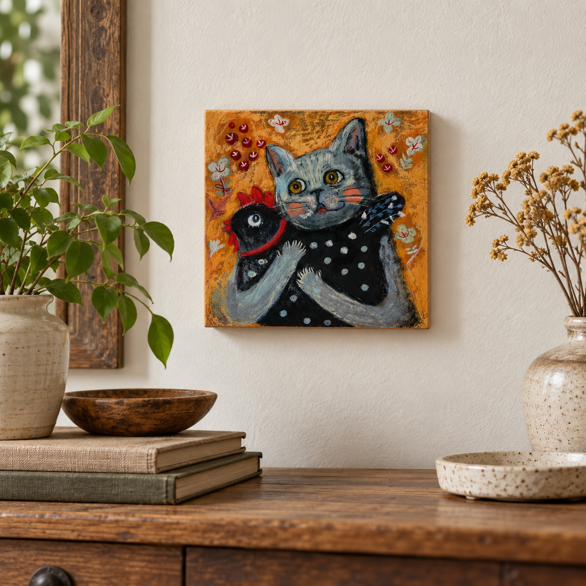 Echoes of Innocence: Cat Hugging a Chicken, Whimsical Pastel Art Print on Board