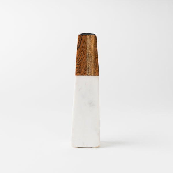 Tapered White Marble & Acacia Candleholder