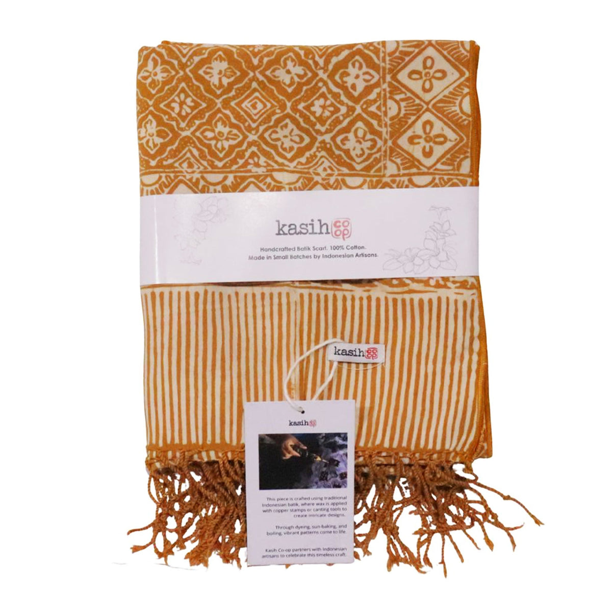 Handmade Batik Scarf, Soft Cotton, Frangipani, Kamboja, Yellow, Brown, Cream, Fall, Autumn
