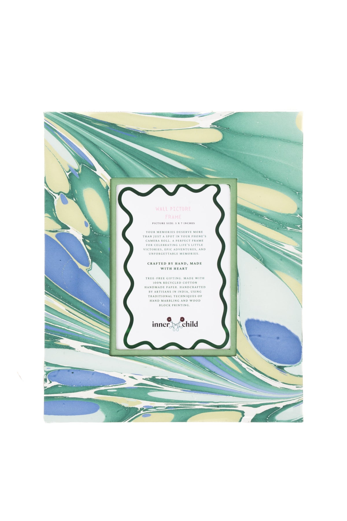 Hand-Marbled Large Wall Picture Frame in Green & Blue, 5x7