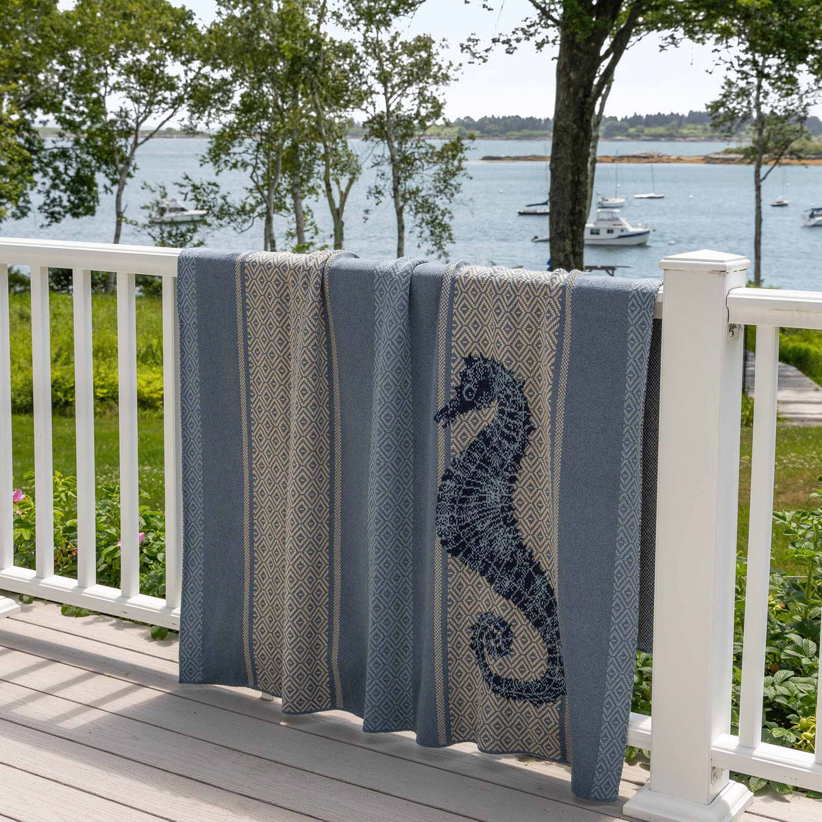 Seahorse Square - Cotton Sustainable Knit Throw Blanket | Coastal
