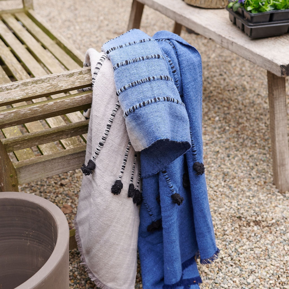 Mari Serene Blue Gray Calming Hues Hand Woven Hand Knotted Textured Merino Throw