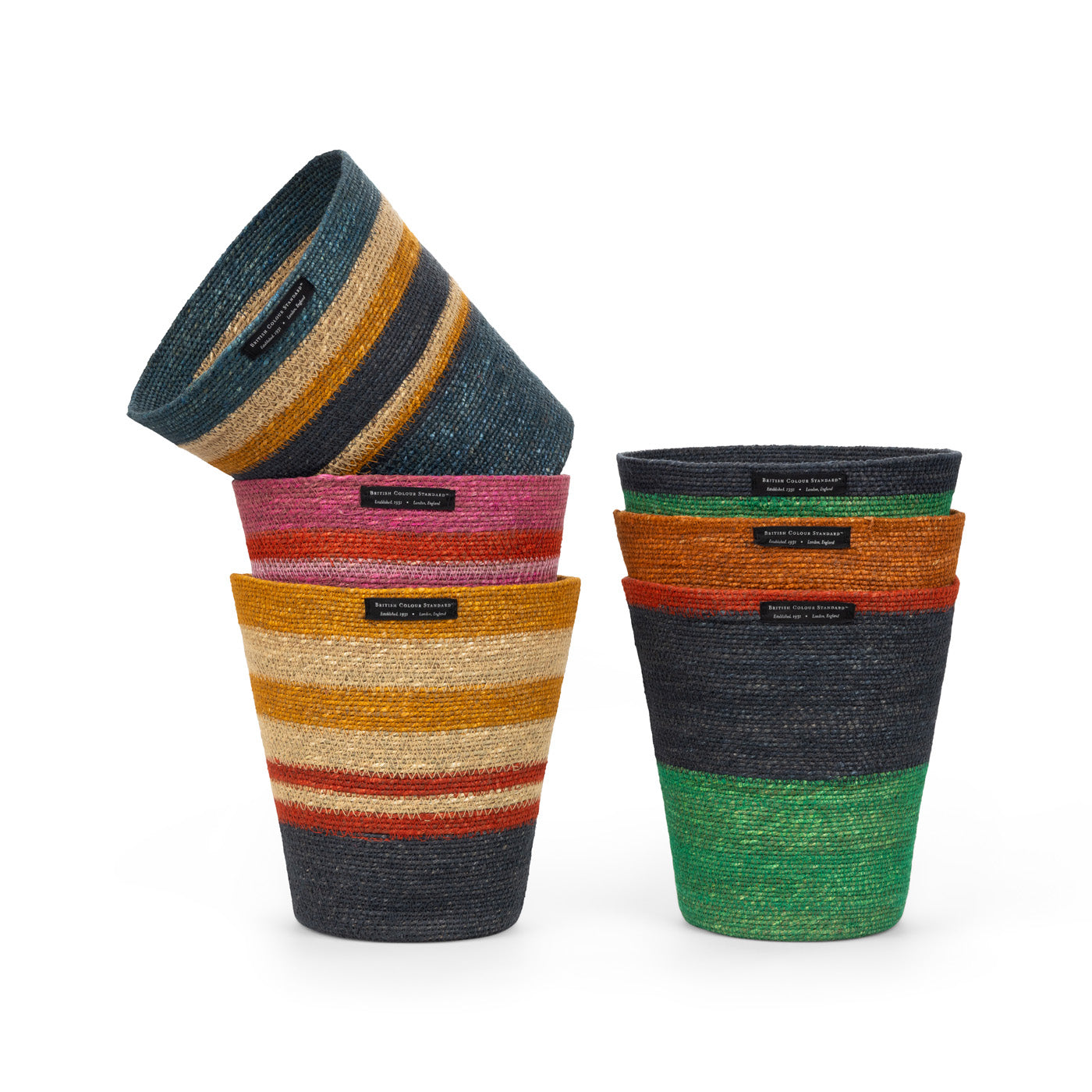Striped Seagrass Waste Paper Basket in Olive / Old Rose