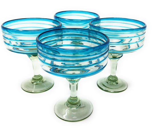 Set of 4 Hand Blown Margarita Glasses with Aqua Spiral Design