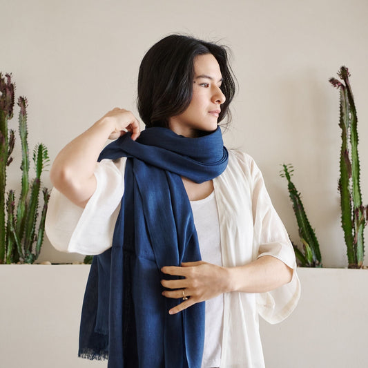 Midnight Navy Blue Hand Woven Linen Silk Blend Scarf