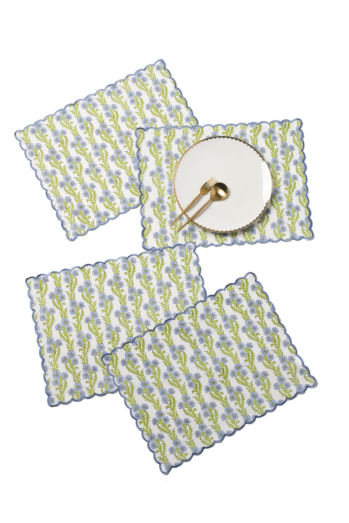 Forget-Me-Not Scallop Embroidered Blockprint Placemat, Set of 2