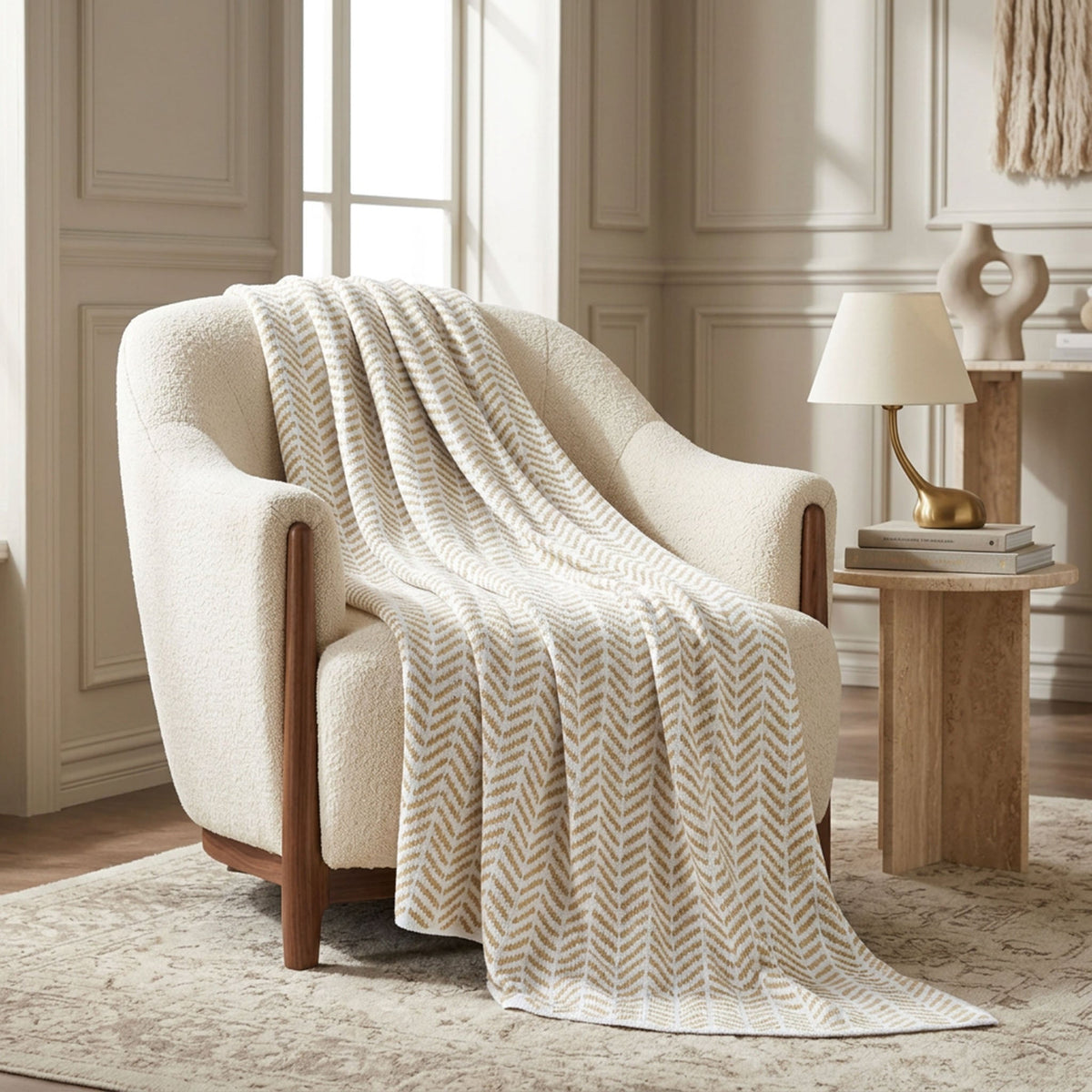 Cancer Awareness - Cotton Sustainable Knit Warrior Throw Blanket Beige