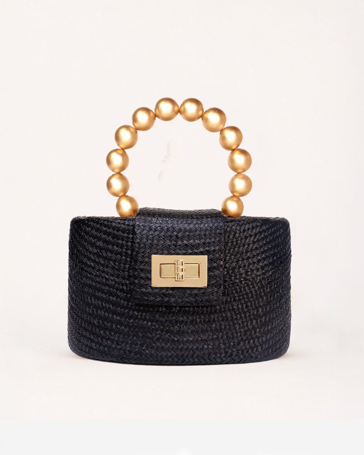 THE OLIVIA — Black & Gold Woven Straw Top-Handle Bag with Beaded Handle