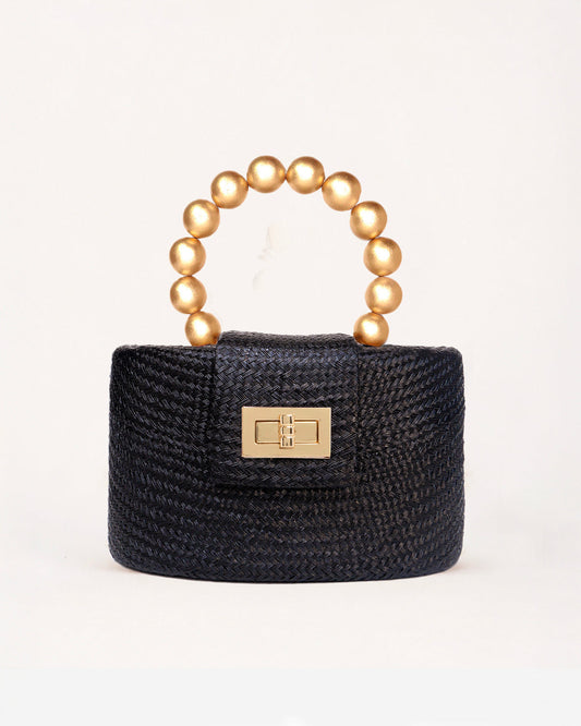 THE OLIVIA — Black & Gold Woven Straw Top-Handle Bag with Beaded Handle