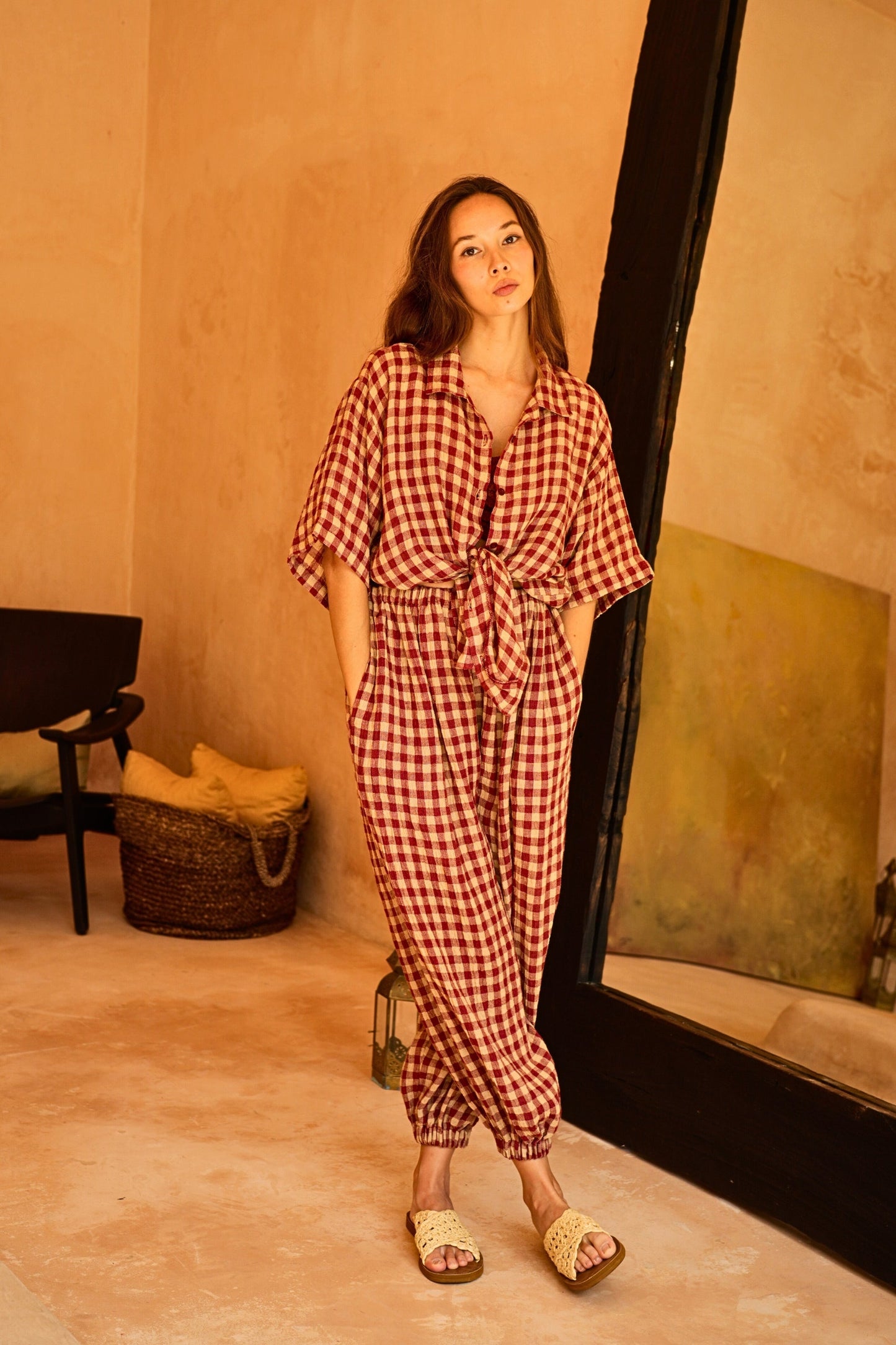 Vanessa Linen Gingham Shirt in Red