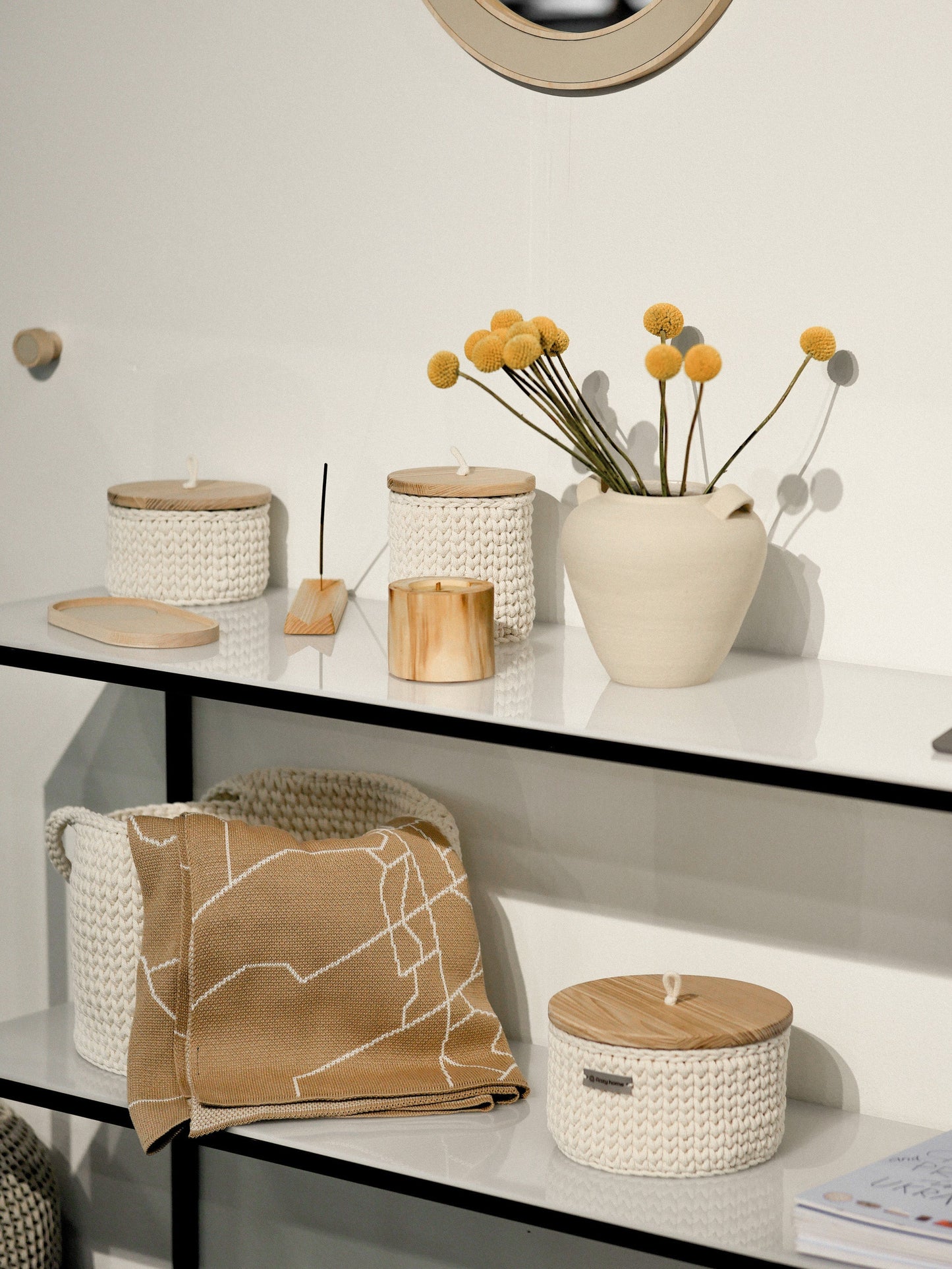 Round Storage Baskets w/ Wooden Lid