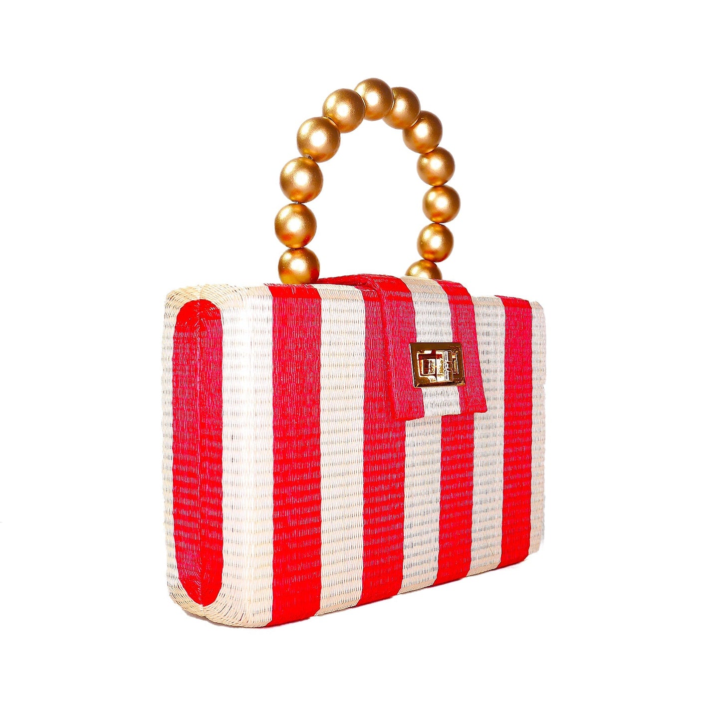 THE LOUISA Red & Cream Stripe Woven Straw Clutch Bag