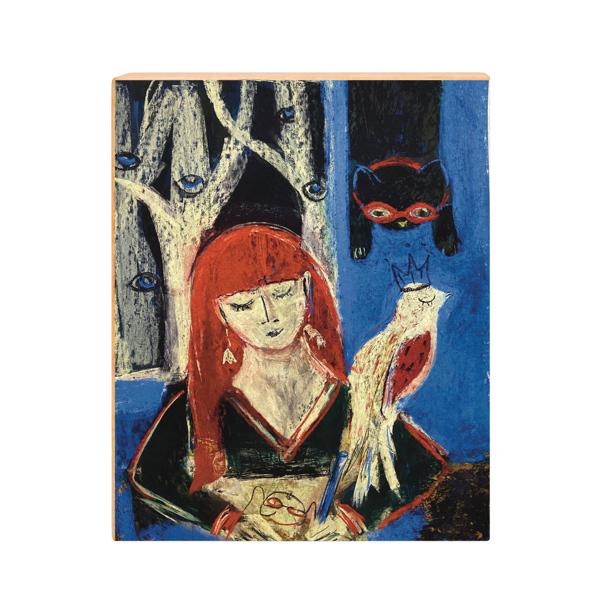 Night Time Art: Red-Haired Girl with a Cat and a Bird, Pastel Art Print on Board