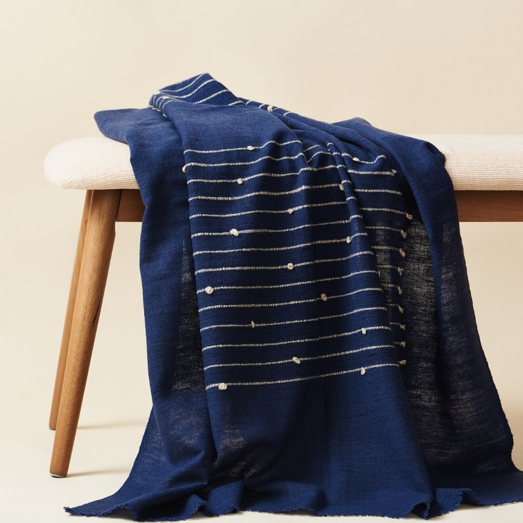 Rosewood Indigo With Hand Knotted Stripes Handloom Merino Throw