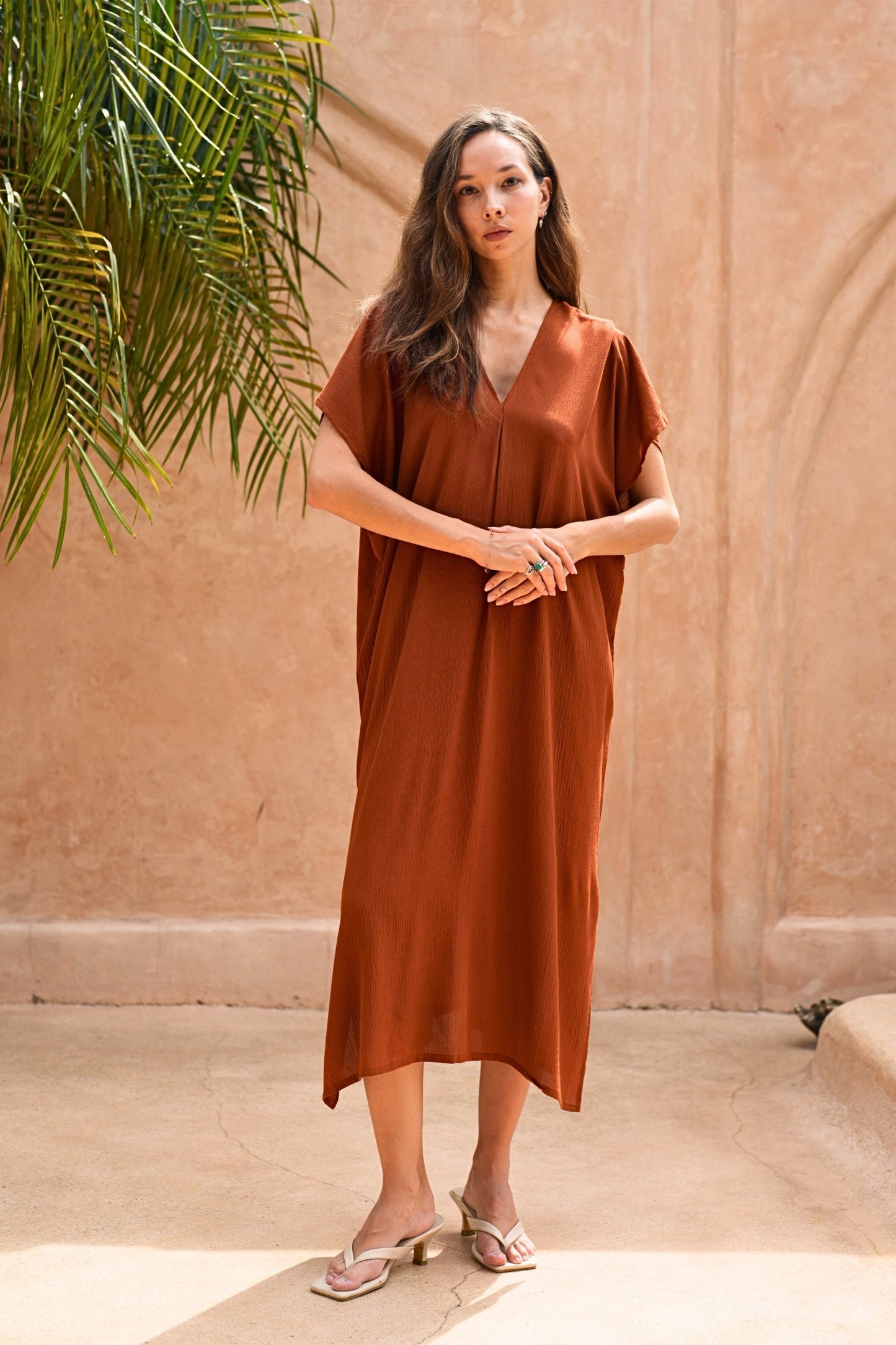 Gina Breezy Crinkle Kaftan Dress in Terracotta