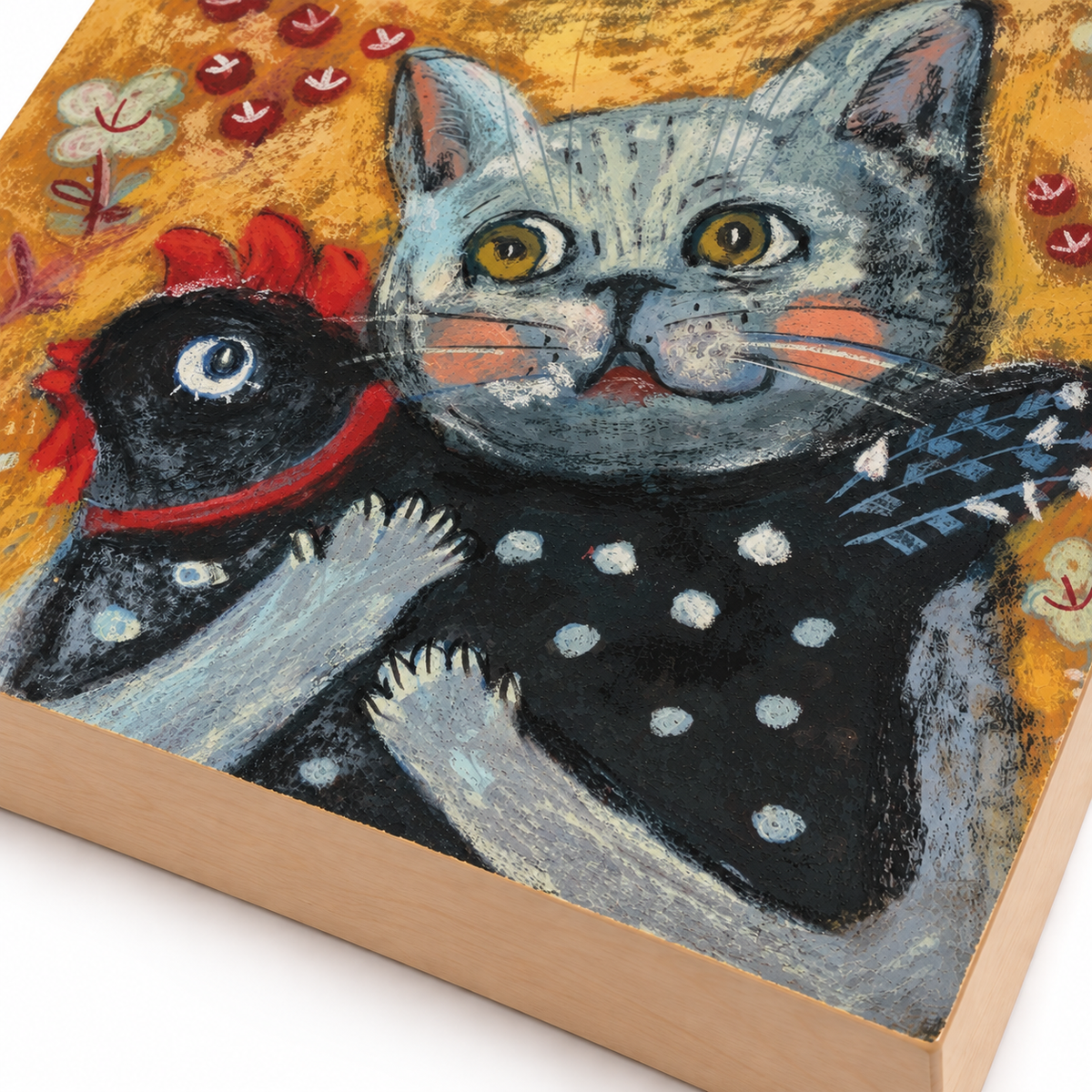 Echoes of Innocence: Cat Hugging a Chicken, Whimsical Pastel Art Print on Board