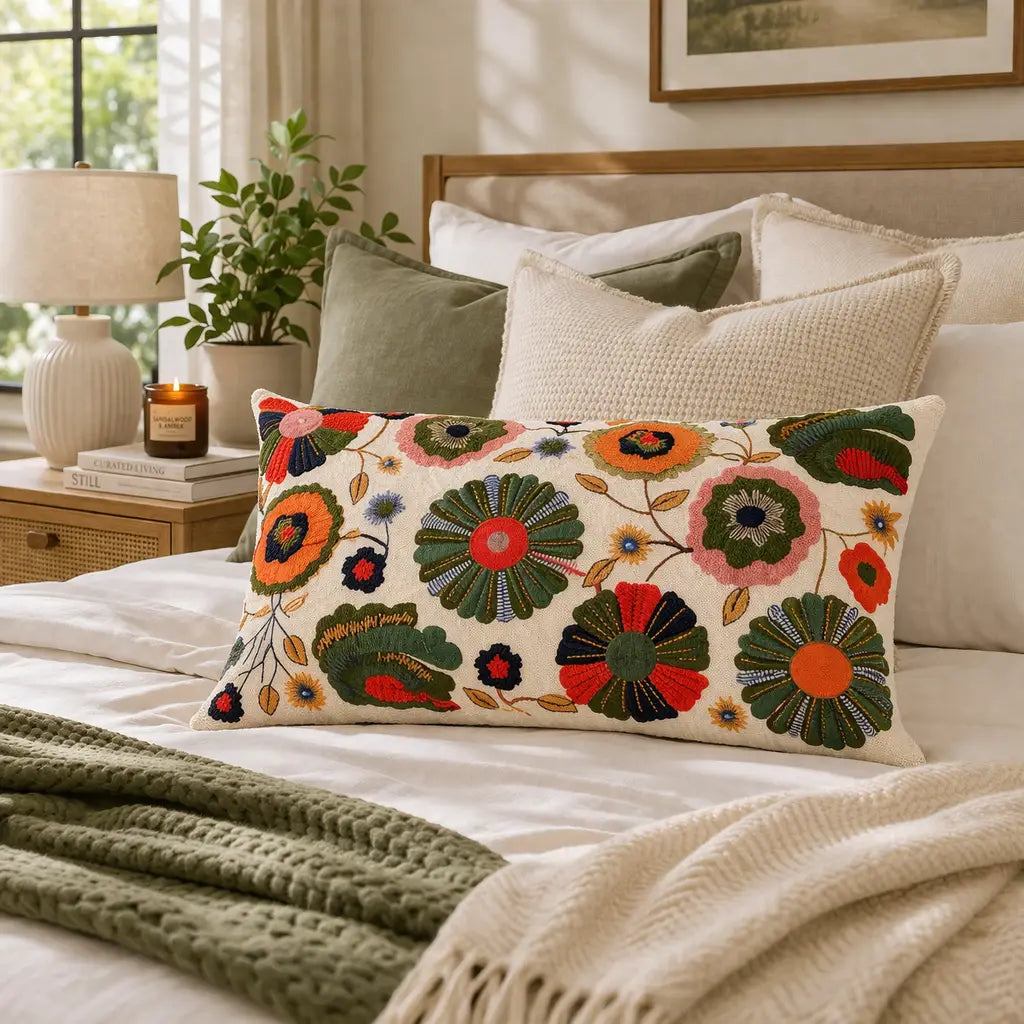 Floral Medley Pillow |24x14"| Cotton Fabric | Vibrant Design