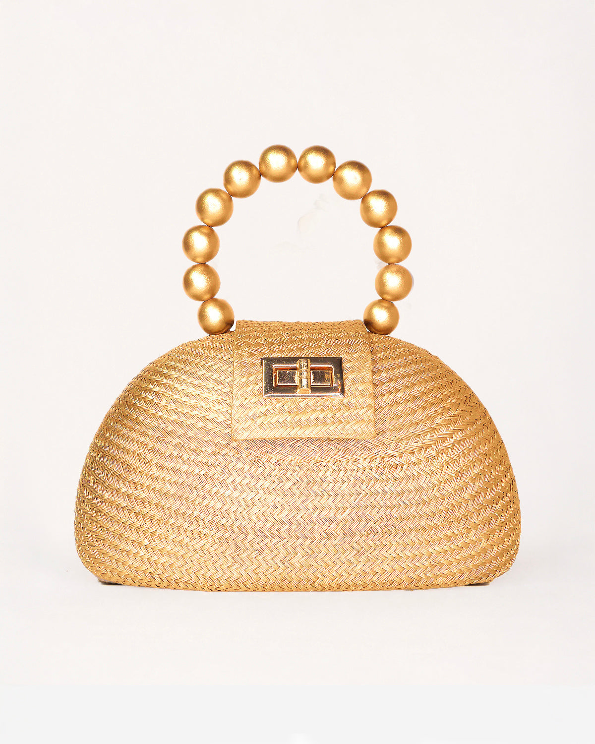 THE ORLA Gold Woven Straw & Wooden Bead Statement Clutch Bag