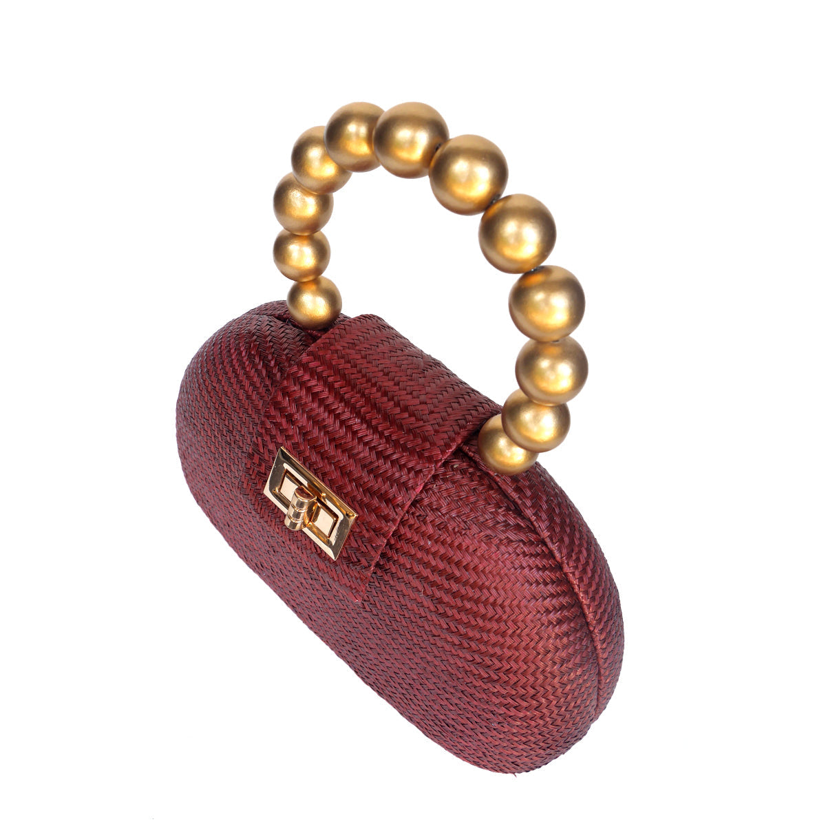THE ORLA — Maroon Woven Straw Half-Moon Bag with Gold Beaded Handle