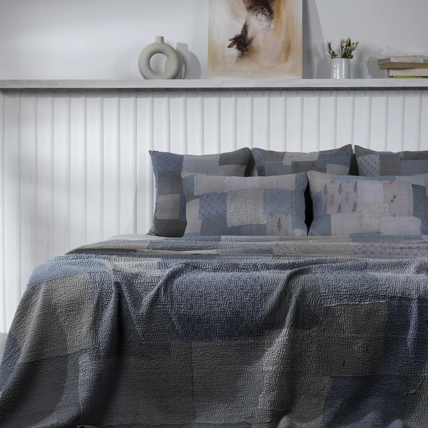 Mosaic Fray Patch Vintage Kantha Throw - Hydrangea