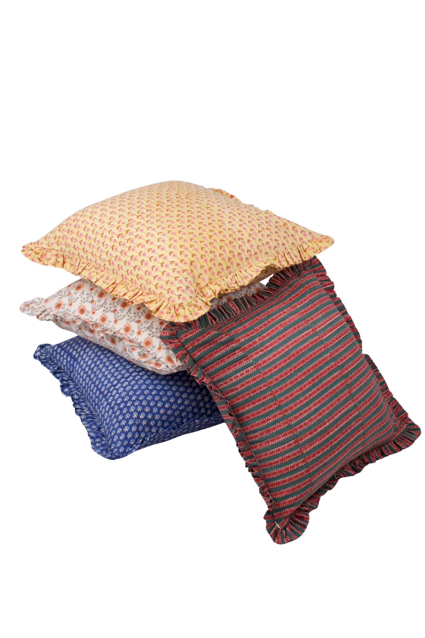Sunwashed Floral Yellow Ruffle Blockprint Pillow Cover