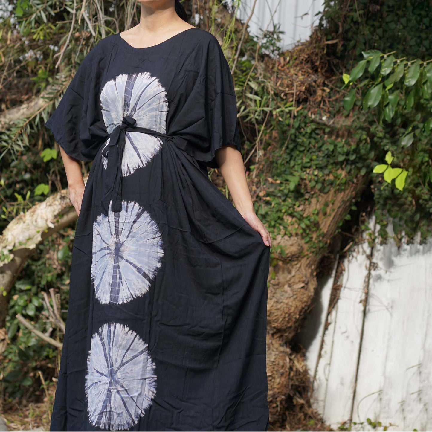 Kaftan Tie Dye Long Dress Shibori Black White Floral Pattern