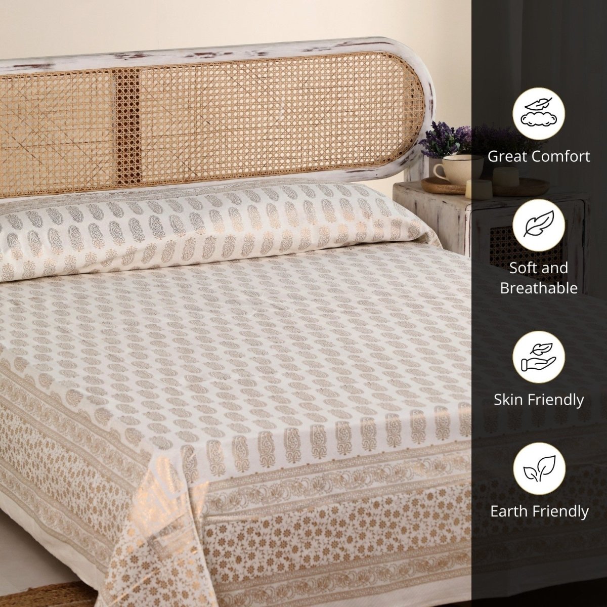 Gold & White Handprinted Bed Cover Set with Pillow Covers