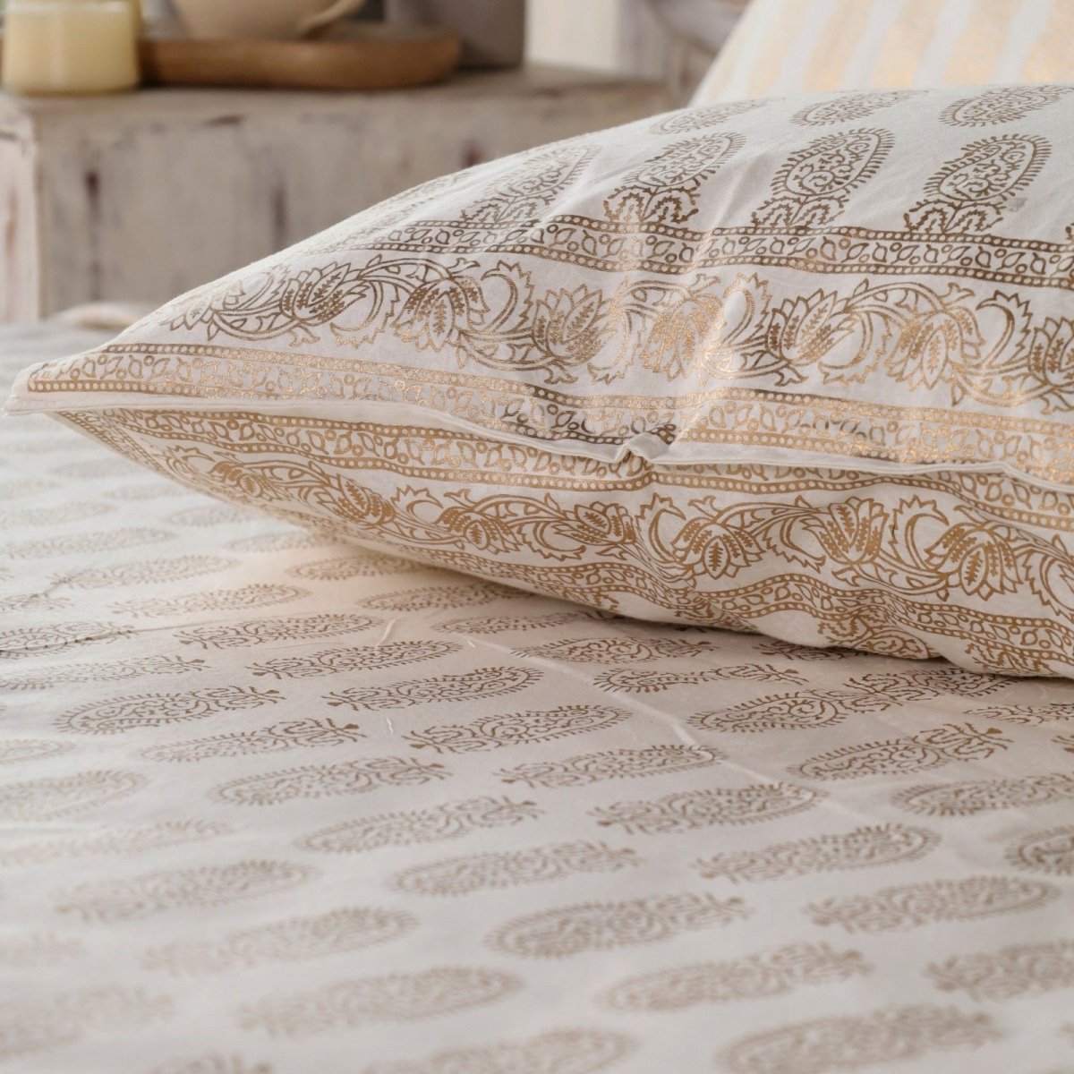 Gold & White Handprinted Bed Cover Set with Pillow Covers