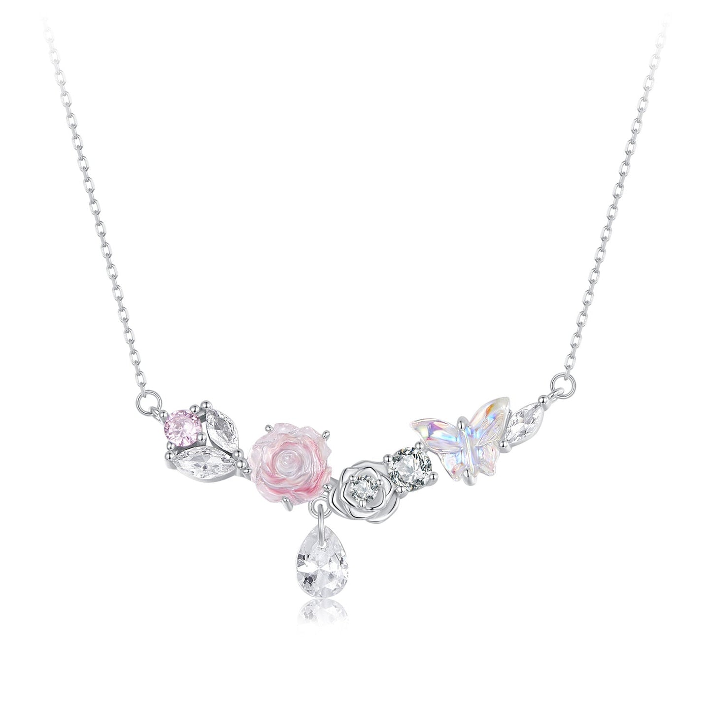925 Sterling Silver Necklace with CZ & Resin Pendant, 18x39mm, Plated with White Gold