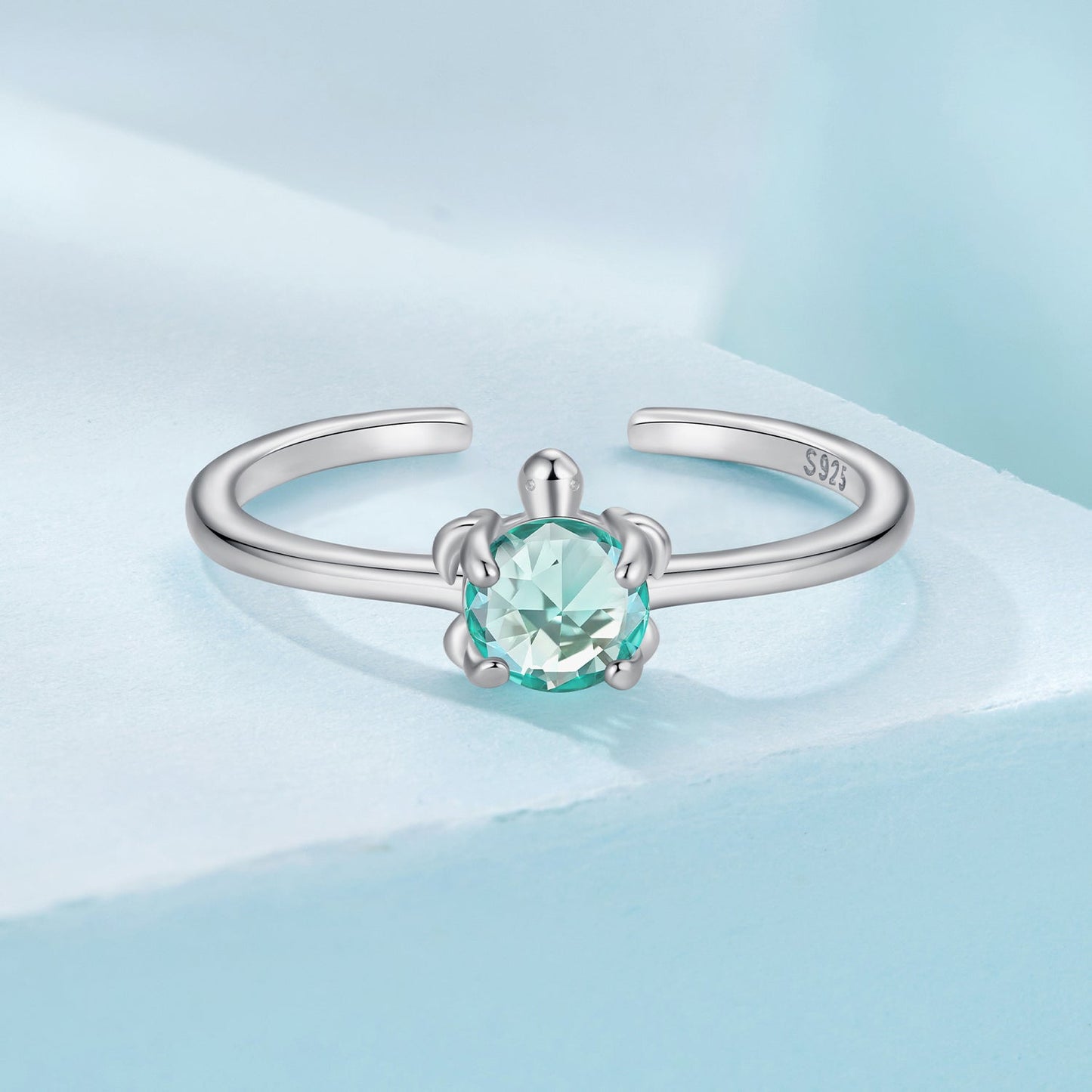 925 Sterling Silver White Gold Plated Transparent Glass Turtle Ring
