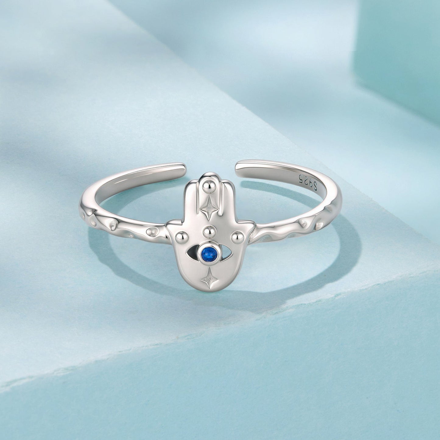 925 Sterling Silver Hamsa Hand Ring with Synthetic Spinel for Women