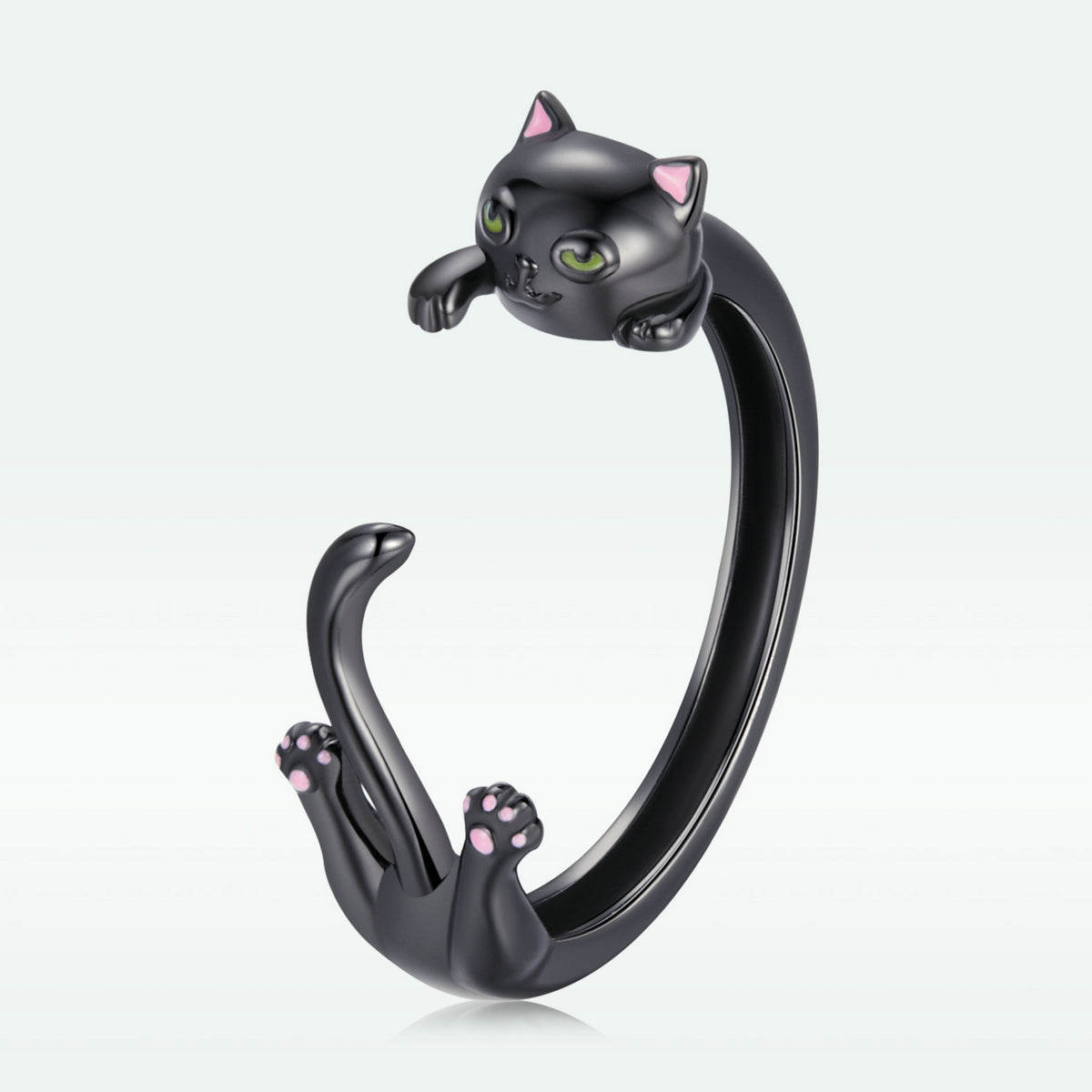 S925 Sterling Silver Plated Black Gold Cat-themed Ring for Women