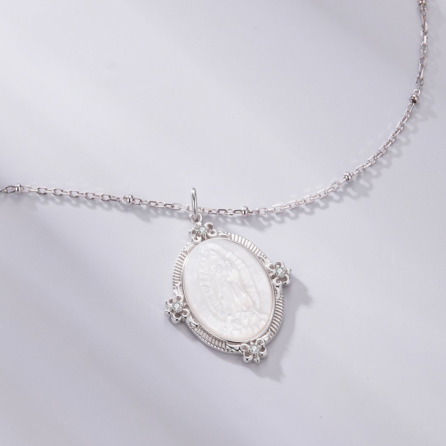 925 Sterling Silver Necklace with White Gold Plating, 40+5cm Length, CZ & Mother of Pearl Pendant for Women