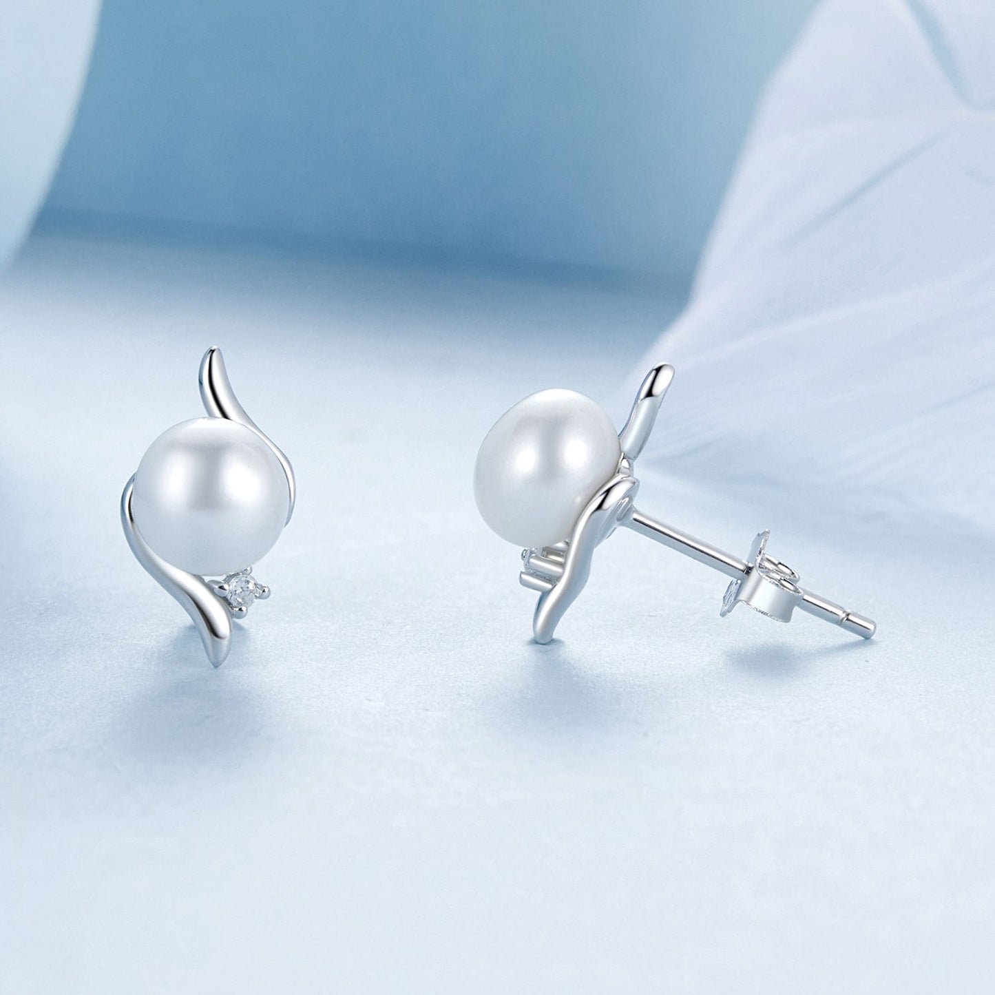 925 Sterling Silver Natural Pearl & CZ Earrings Plated in Platinum