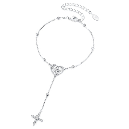 925 Sterling Silver White Gold Plated CZ Heart 15+6cm Bracelet for Women