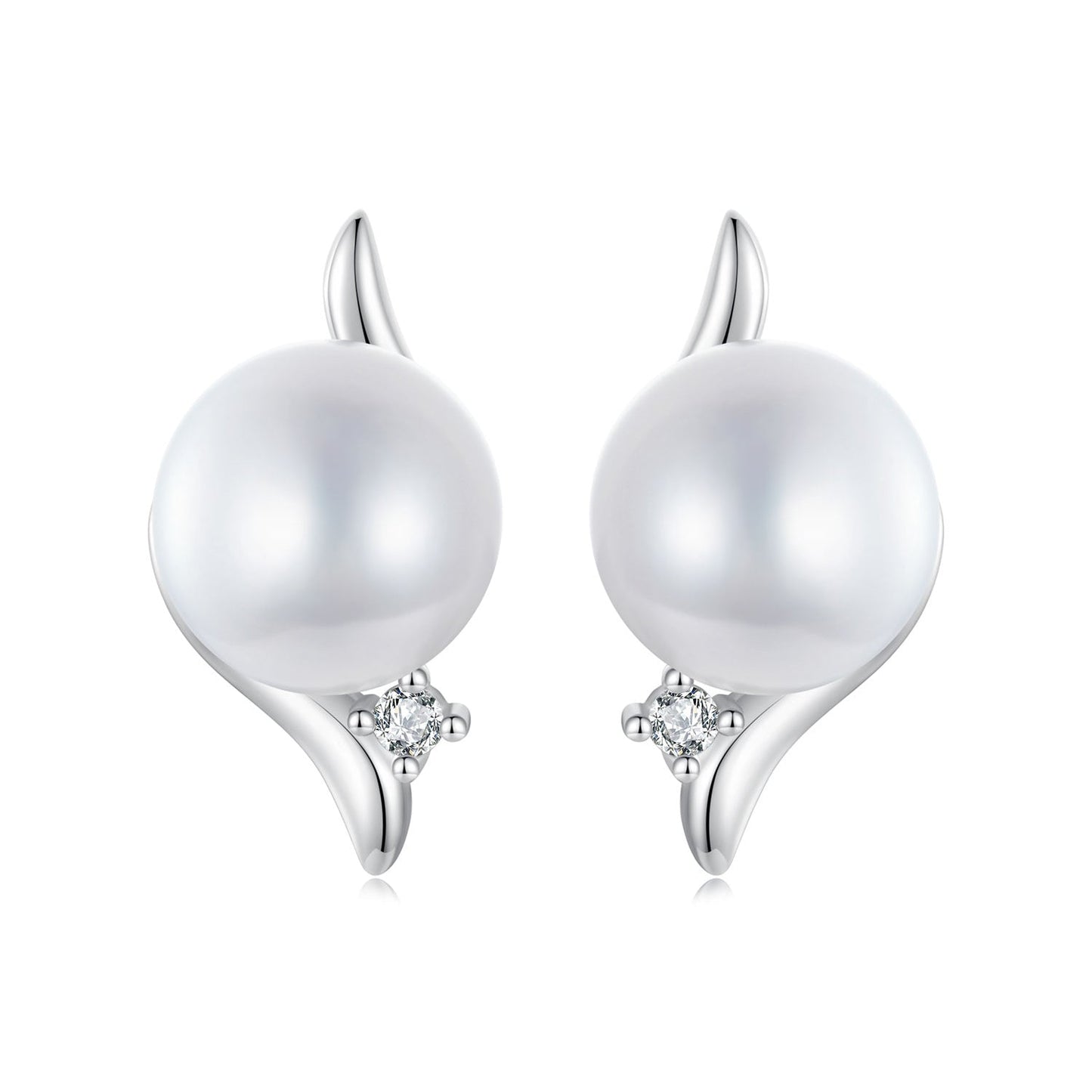 925 Sterling Silver Natural Pearl & CZ Earrings Plated in Platinum