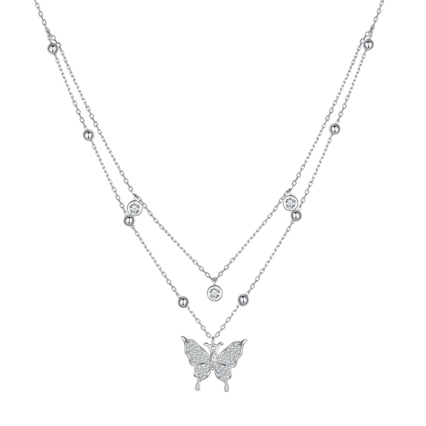 925 Sterling Silver Butterfly Necklace with Pavé Setting CZ, 40cm Length for Women