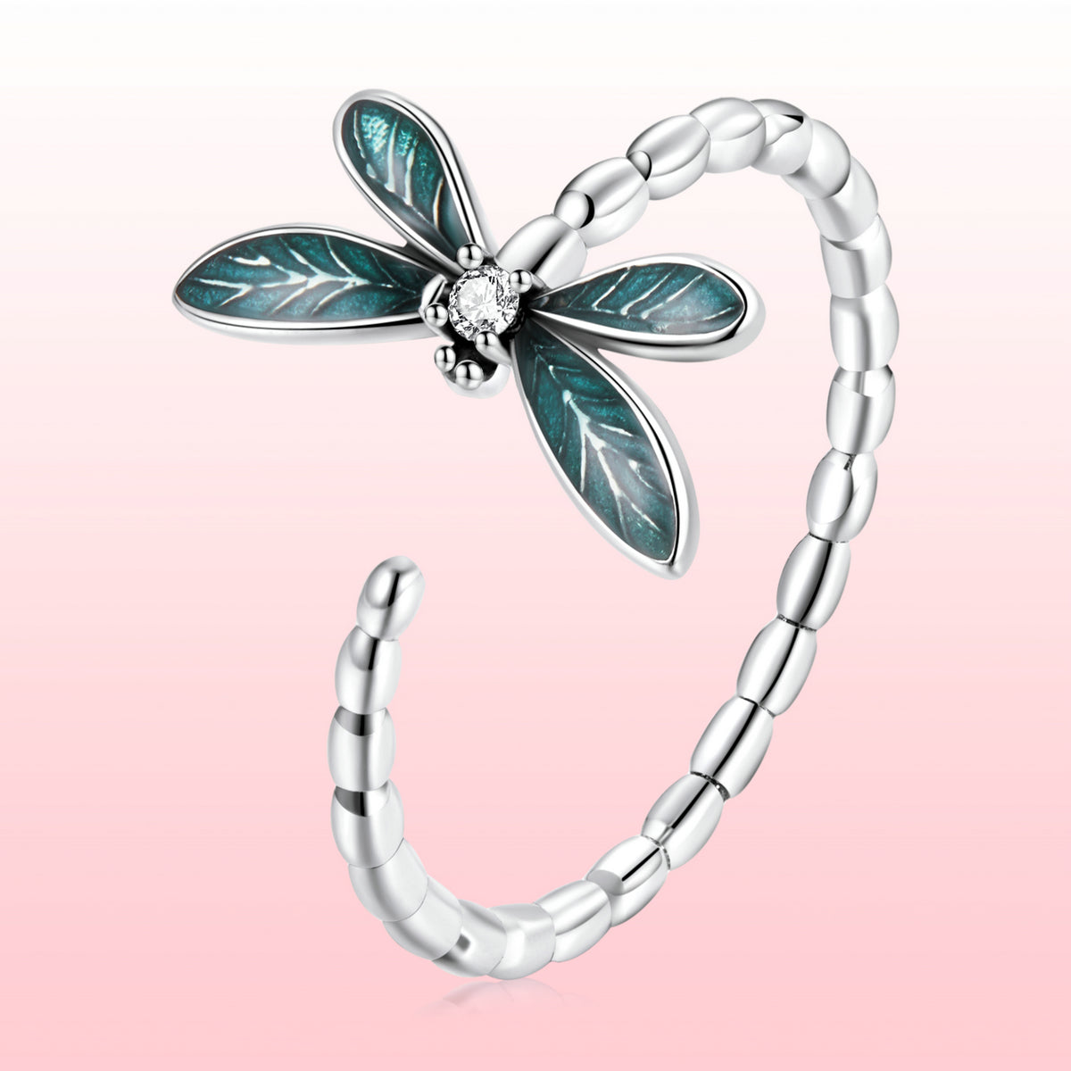 925 Sterling Silver Dragonfly Ring with Enamel & CZ for Women