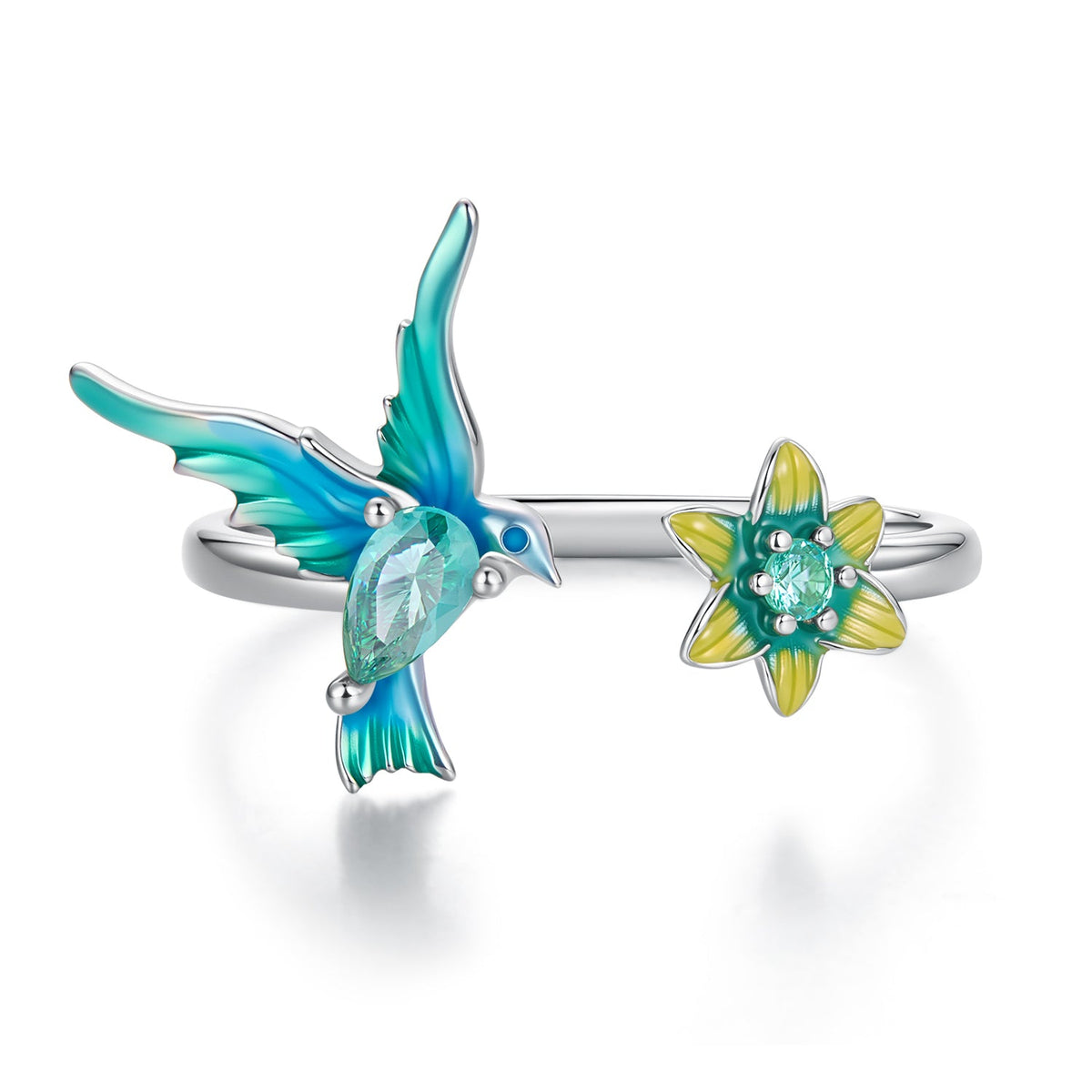 925 Sterling Silver White Gold Plated Enamel Transparent Glass Bird Ring for Women