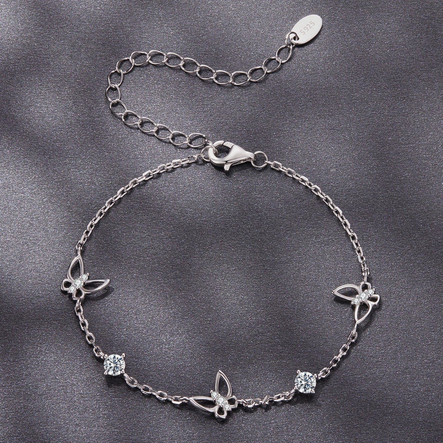 925 Sterling Silver White Gold Plated Bracelet with Moissanite, 15+6cm, for Women