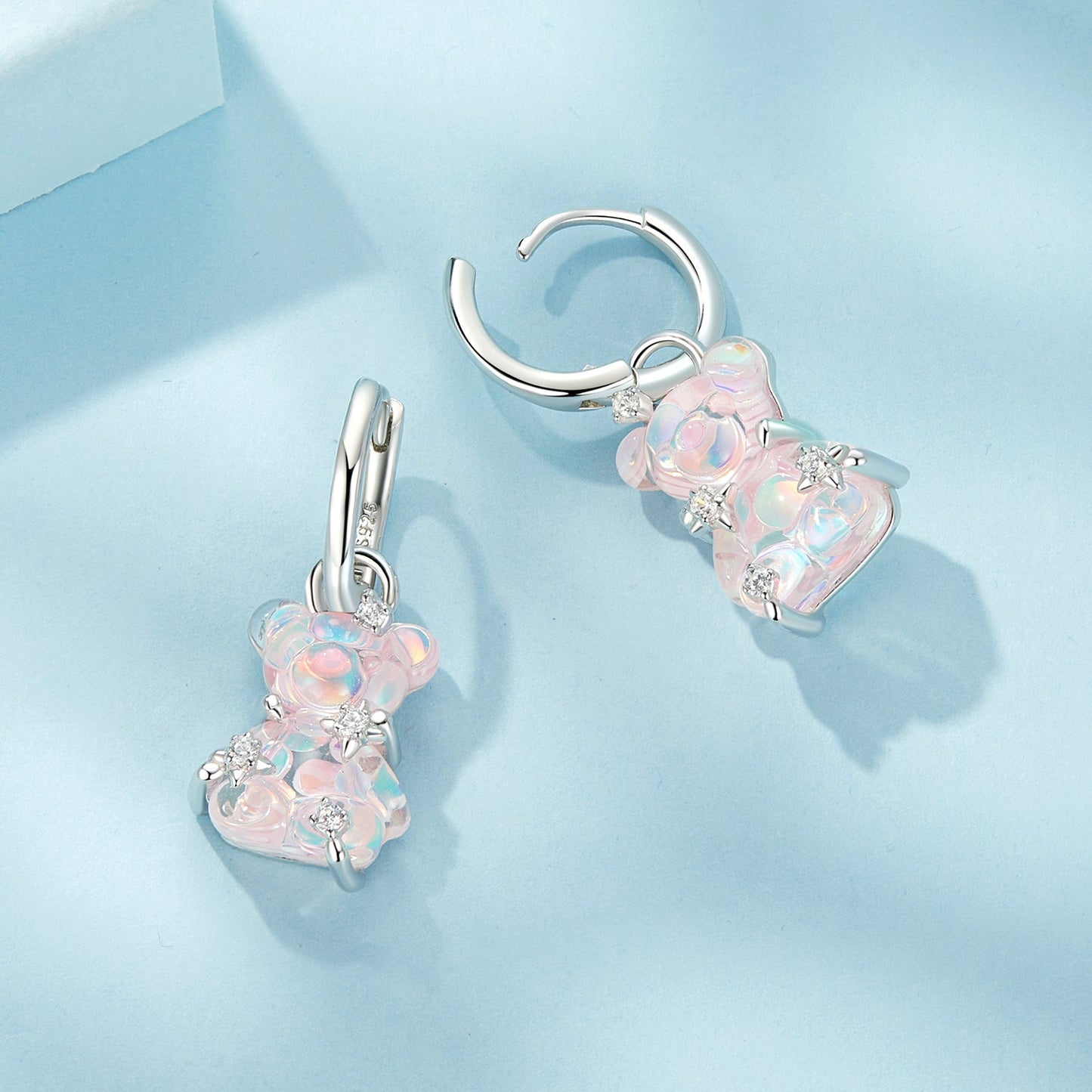 925 Sterling Silver Earrings with Pavé Setting CZ and Resin - 2.8 x 1.1 cm - Women's Fashion