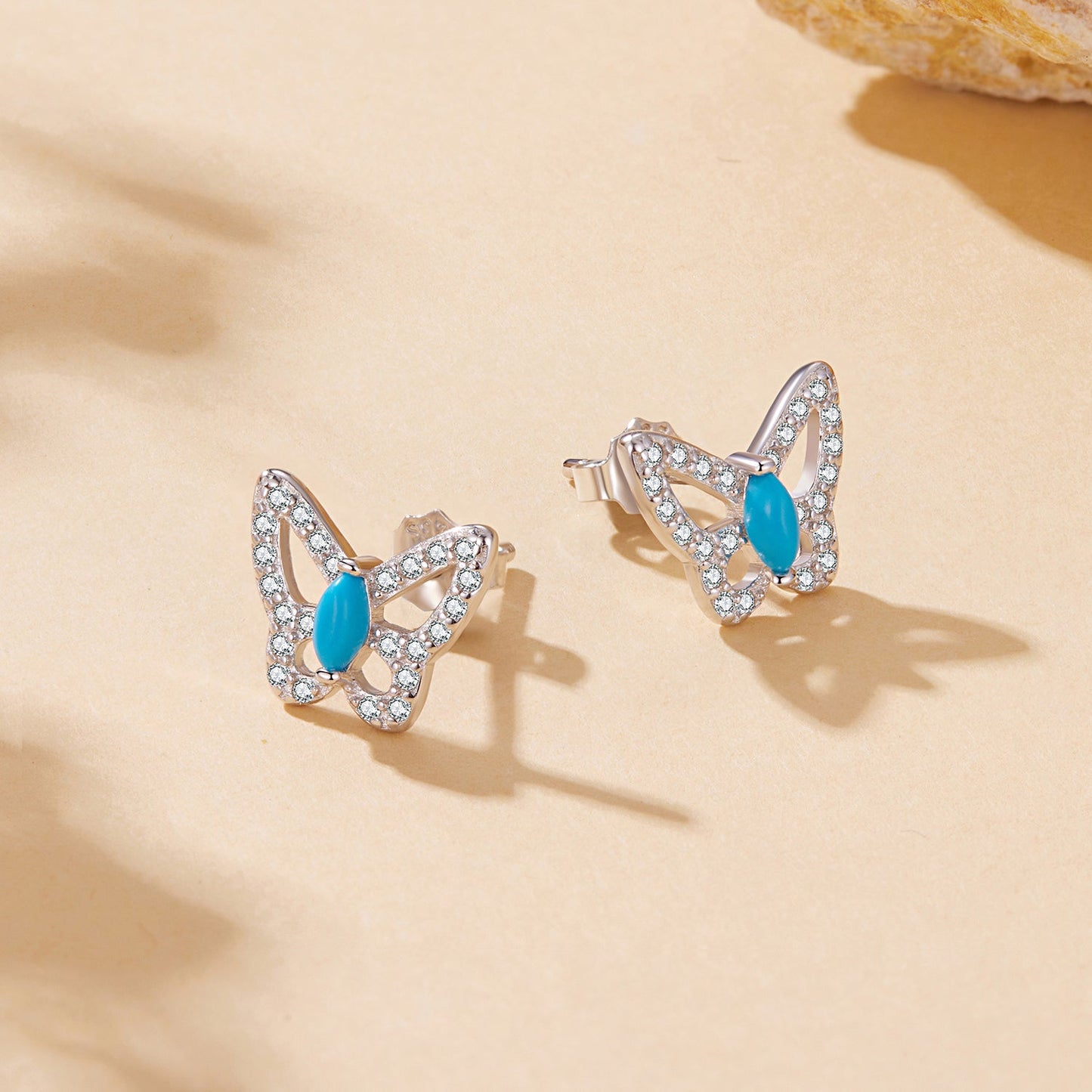 925 Sterling Silver White Gold Plated Earrings with Synthetic Turquoise and CZ