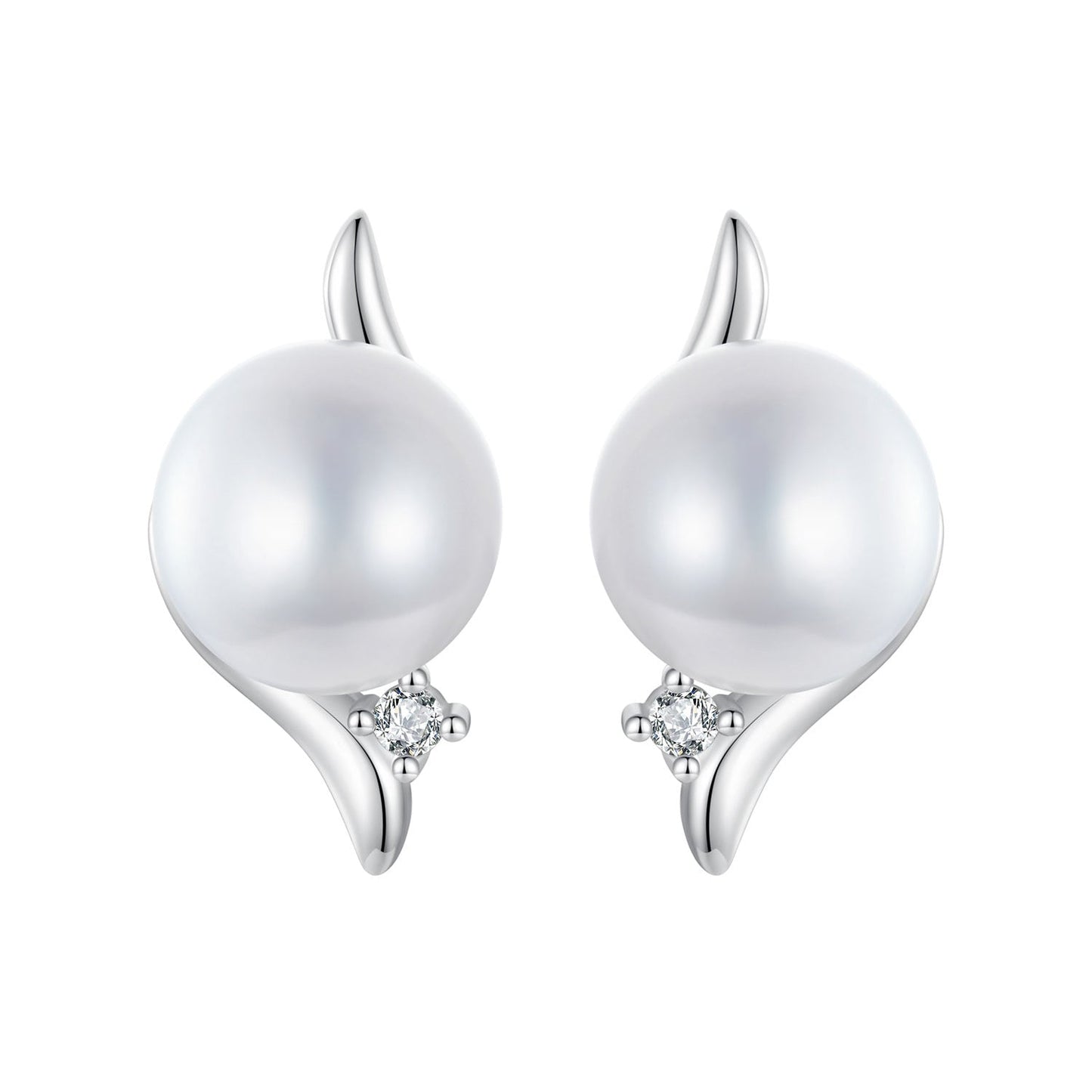 925 Sterling Silver Natural Pearl & CZ Earrings Plated in Platinum